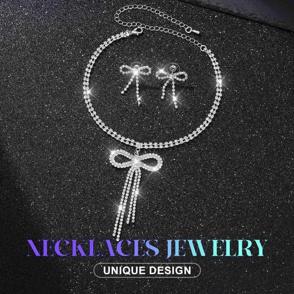 Rhinestone Bow Jewelry Set Sparkly Bowknot Necklace and Earrings Crystal Prom Je - Picture 2 of 7